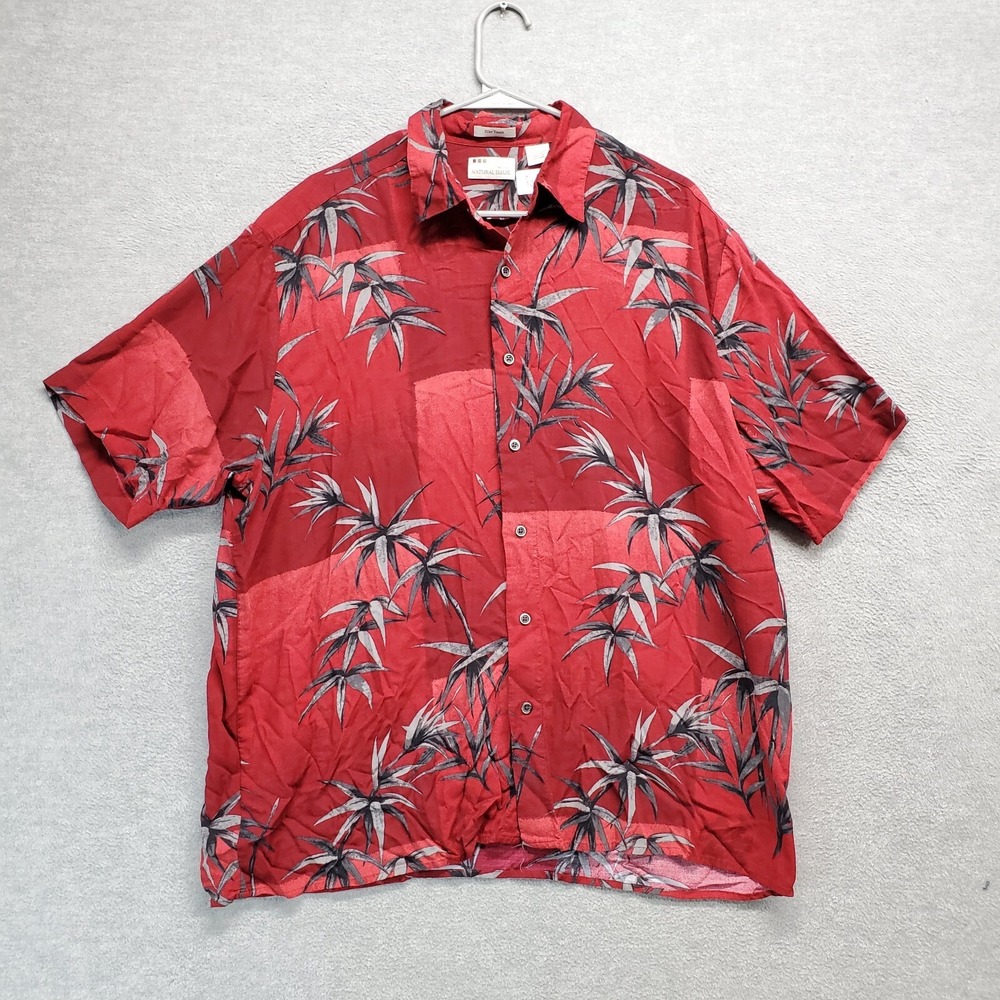 Natural Issue Men Button Up Shirt Large Red Leaf Print Silky Touch Collar‎